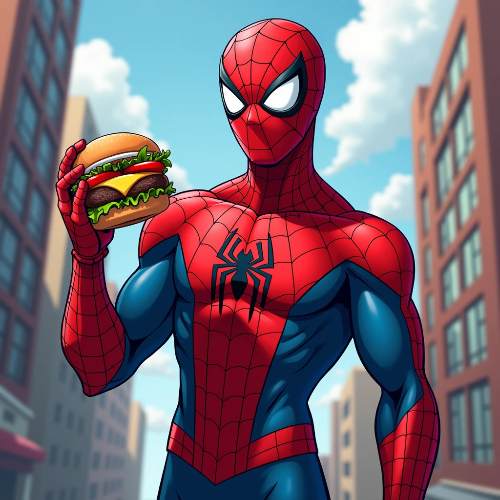 The spider man, marvel superhero, holding a hamburger