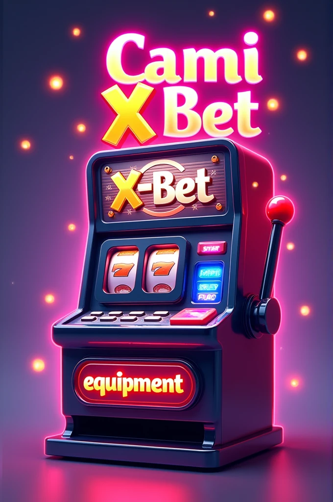 a slot machine, On top of that it says "equipment" in small red and larger it says "CAMI X-BET" in white. head on, a cartoon-type triangle slot machine BIG