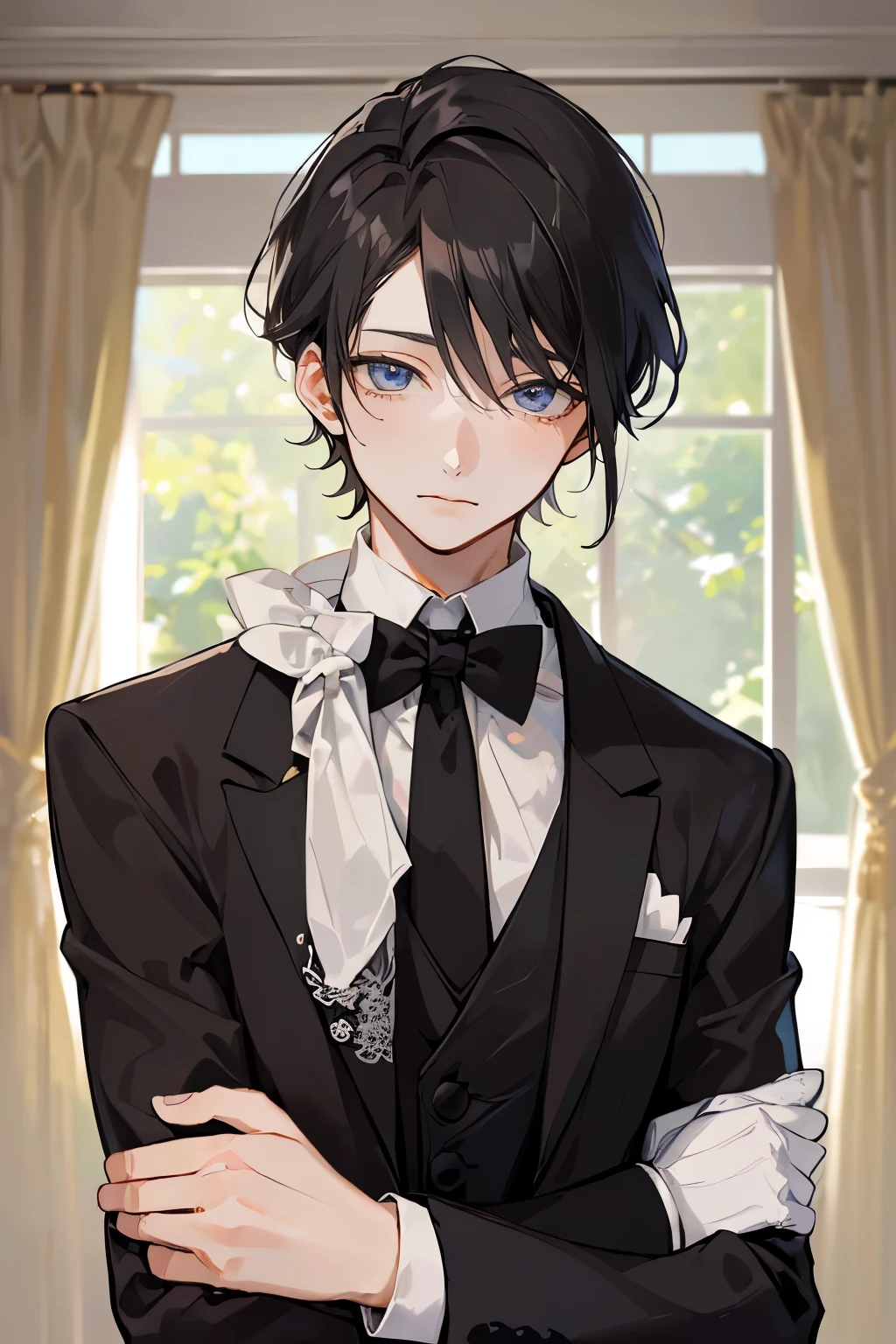 (Mastepiece)、(Best Quality)、Very detailed、((Two friendly butlers:1.4))、Perfect Face、Beautiful Face、Very detailedな顔、(Black-haired butler:1.3)、(White-haired butler:1.3)、Deacon's uniform、flower