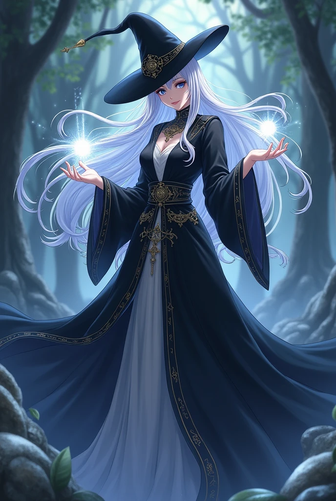 white haired magician, black gown, black hat and has the power to heal, anime version, healing others