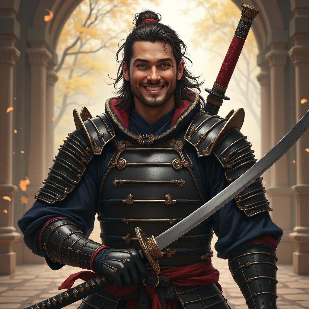 Pour créer l'image réaliste comme une photographie, imaginez un guerrier souriant, vêtu d'une armure de samouraï torse nu. Il tient un katana. L'arrière-plan contient son nom " Grey Gay " dans un univers féérique. Cette compisition évoque la caractère jovial de se personnage