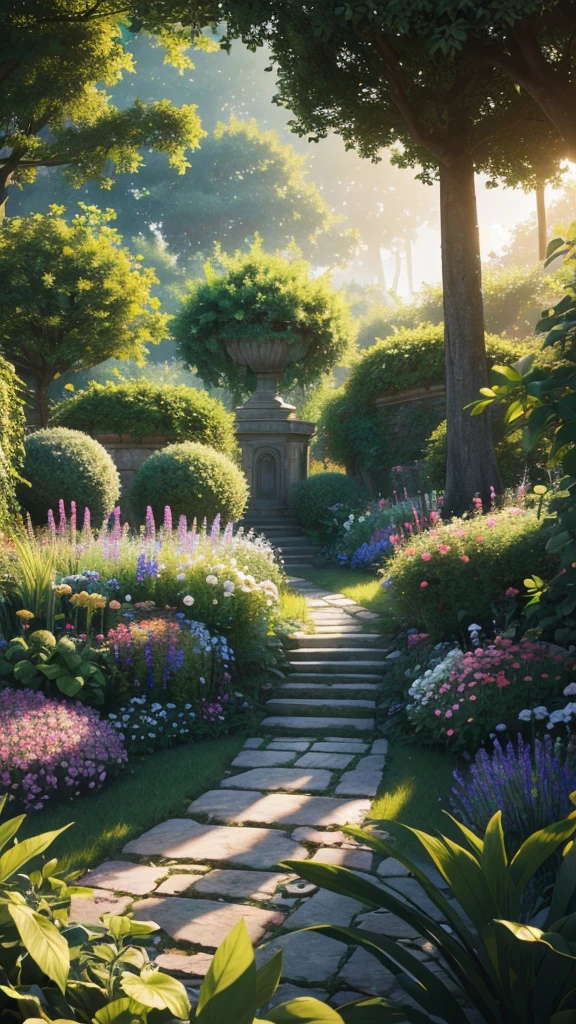 (extremely detailed CG unity 8k wallpaper, masterpiece, best quality, ultra-detailed), (best illumination, best shadow, an extremely delicate and beautiful), flower garden, lush greenery, sunlight streaming through, depth of field, warm and inviting ambiance.