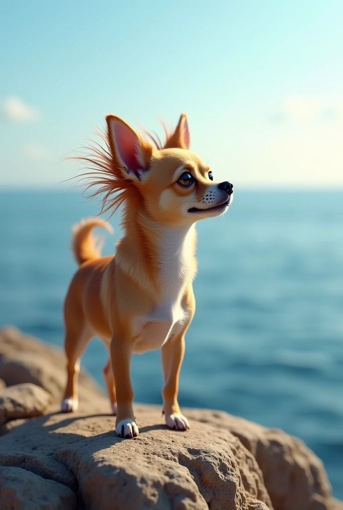 A chihuahua dog with his mane in the wind, looking towards the sea