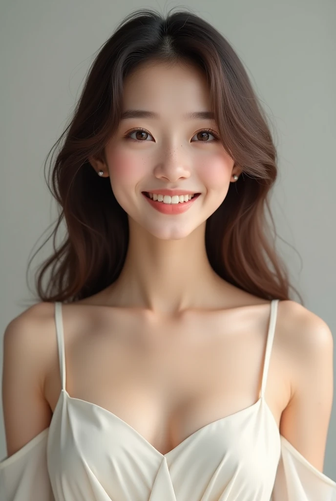 Good afternoon, can you recreate an image of a 20-year-old girl, pale complexion, with freckles on the bridge of her nose and the top part of her cheeks, honey-colored eyes, Asian, small and refined nose, soft, not so thin lips not so thick, slim complexion, wearing a white dress, breasts not so big nor so small, small waist, height of 160cm, long and wavy brown hair, and a smile on her face and a happy expression