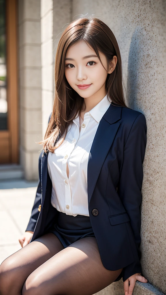 Pure young Japanese girl, sitting in nobody’s indoors, formal makeup, natural hair style, sexual attractive, shiny white skin, wearing formal jacket and blouse and skirt, shiny pantyhose, high heels, sweet smile, sweet temptation, soft sunlight, professional portrait photography