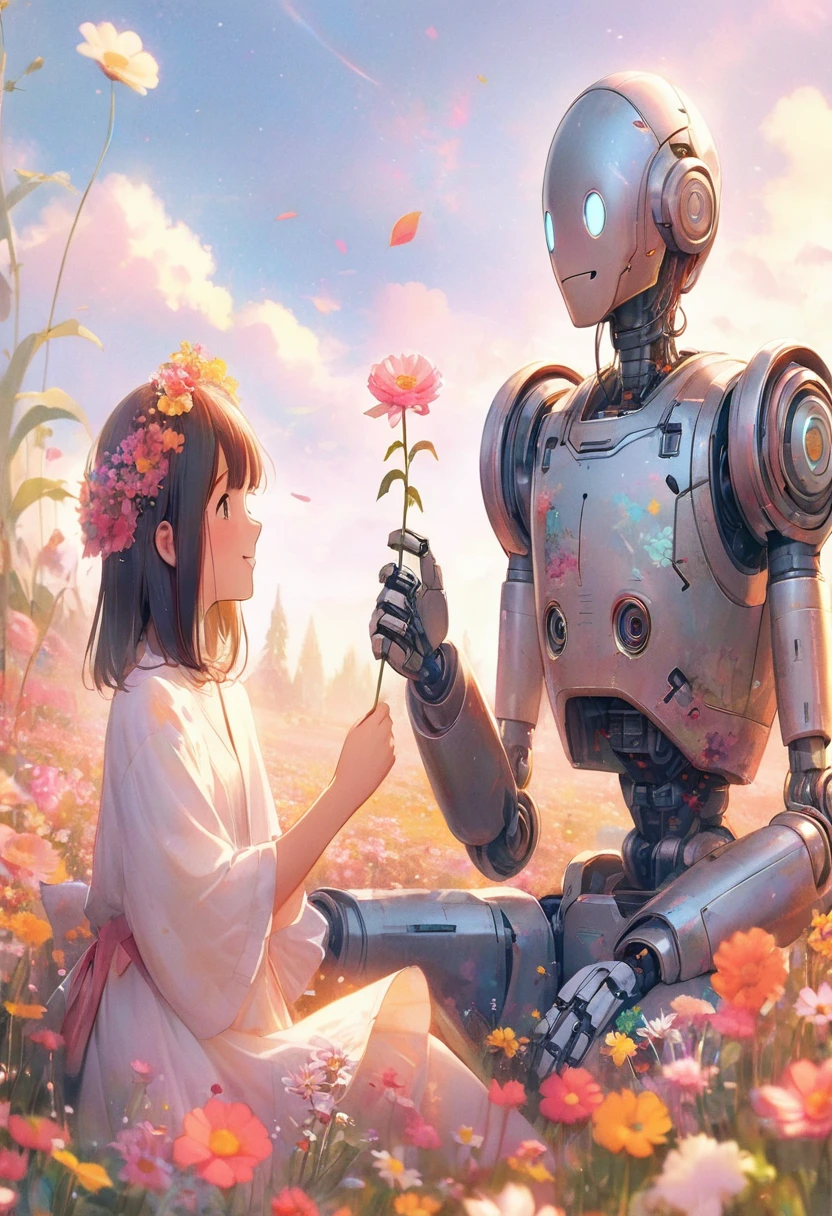 A robot and a smiling person in a flower field, Kind cyborg girl holding flowers, humanoids overgrown with flowers, Alena Aenami and Android Jones, Beeple and Jeremiah Kettner, Mecha aesthetics, Robot Girl, A mix of anime robots and organic matter, Meet the robot, Robot Sensation, Woman and robot, Beautiful digital art, Friendly robot, cute humanoid robot