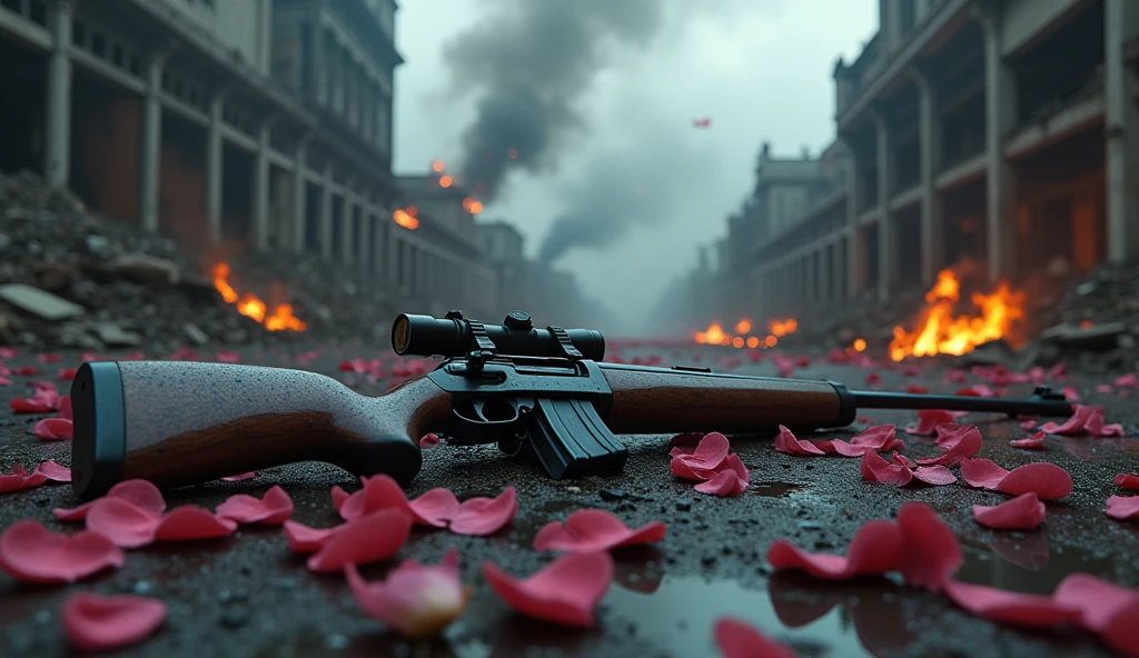 2024; (masterpiece, best quality) destroyed city roses on the floor(Sidney); flowers on the ground; 1IMBEL IA2 rifle Down(close-up); bombs falling from the sky.; fire around.