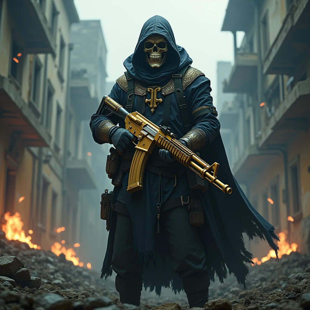 a highly detailed photo of Ghost from Call of Duty, wearing a skull mask, holding a gold AK117 assault rifle, standing in a destroyed city with bullet holes in the background, the words "iKillAce" written in the background, surrounded by an aura of power, dark and dramatic fantasy atmosphere, dramatic lighting, cinematic composition, hyper realistic, best quality, masterpiece, a powerful gun with magical bullets, iKillAce written in black lightning, fantasy magic, highly detailed, cinematic lighting, vibrant colors, epic, dramatic, 8K, photorealistic