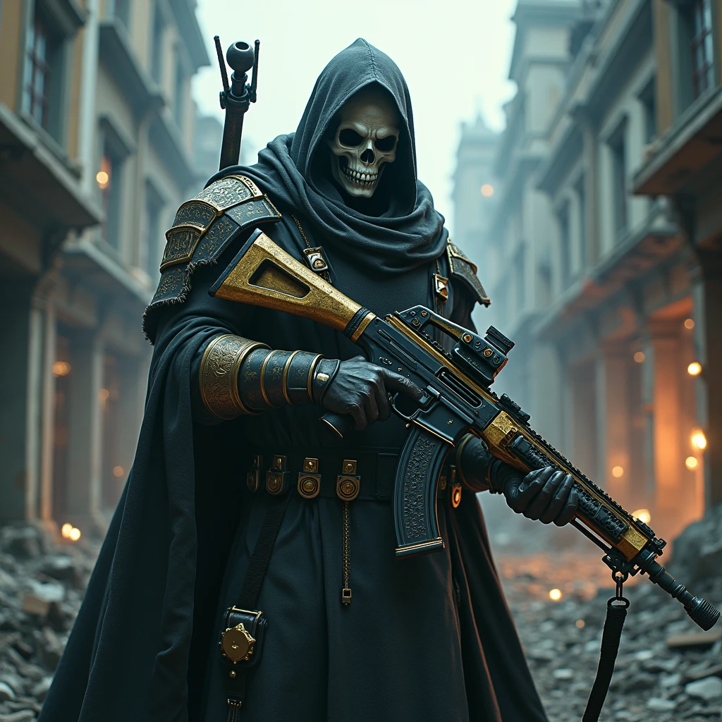 a highly detailed photo of Ghost from Call of Duty, wearing a skull mask, holding a gold AK117 assault rifle, standing in a destroyed city with bullet holes in the background, the words "iKillAce" written in the background, surrounded by an aura of power, dark and dramatic fantasy atmosphere, dramatic lighting, cinematic composition, hyper realistic, best quality, masterpiece, a powerful gun with magical bullets, iKillAce written in black lightning, fantasy magic, highly detailed, cinematic lighting, vibrant colors, epic, dramatic, 8K, photorealistic