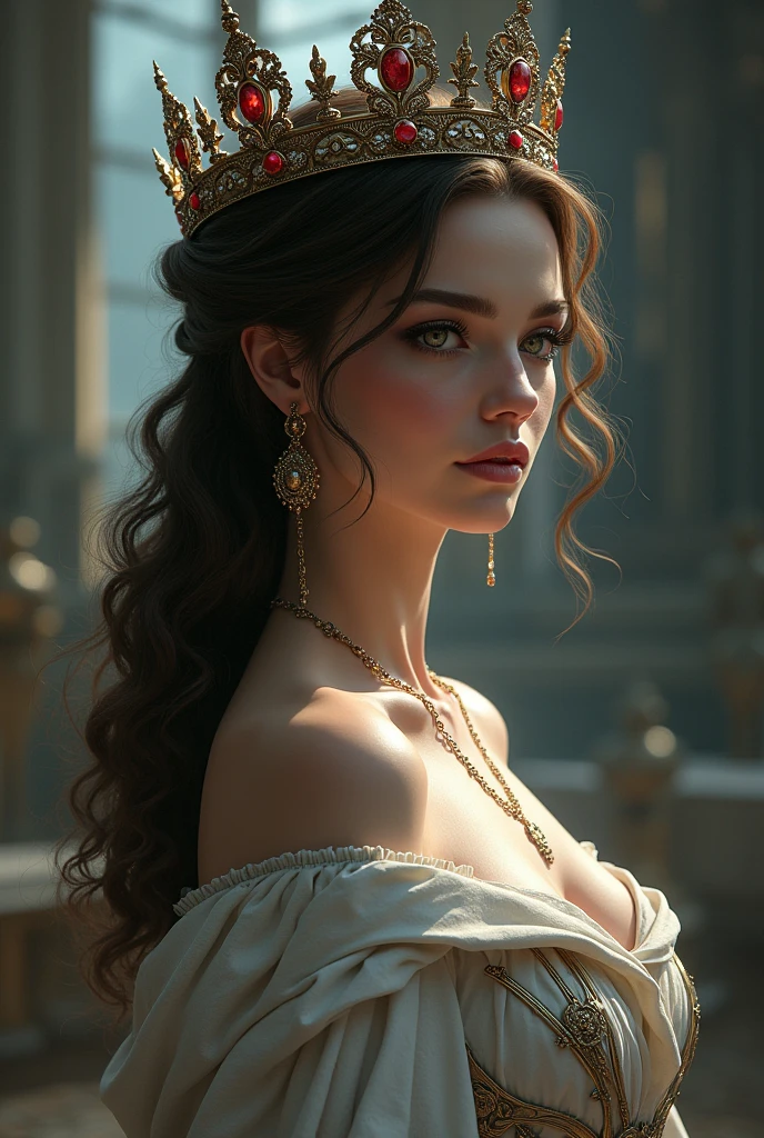 Queen with crown, wavy hair tied in a half ponytail, black eyes