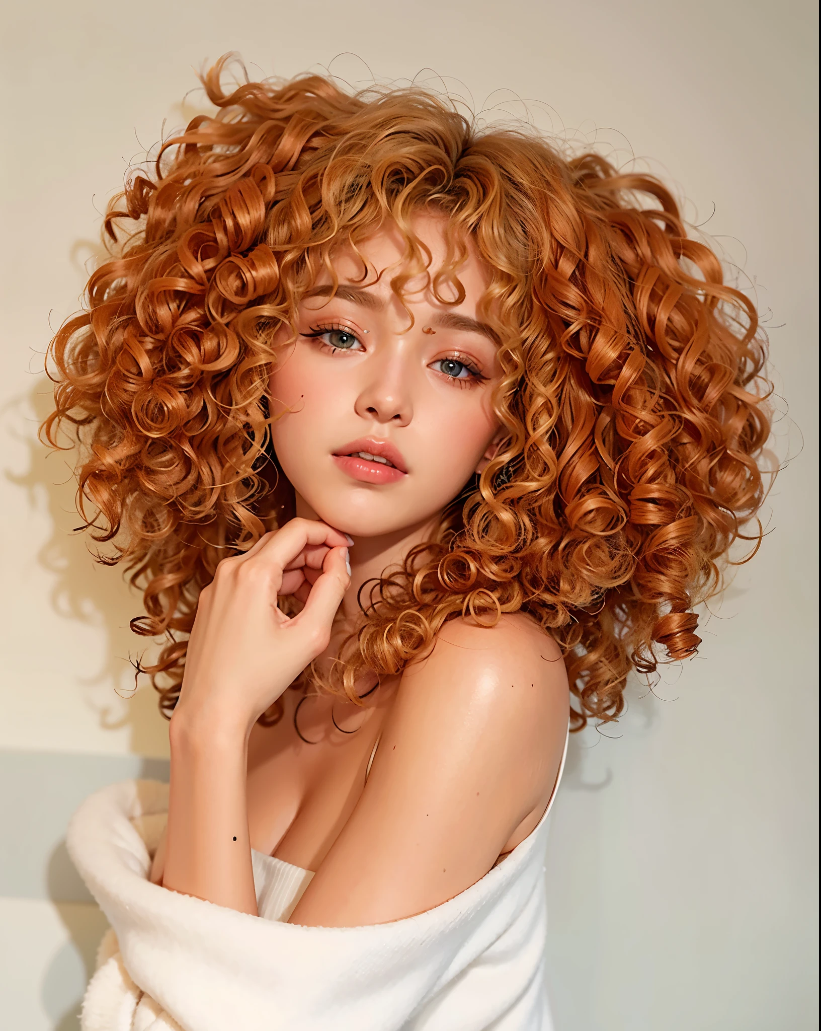 a close-up of a woman with blonde hair and a blue sweater, curly blonde hair | d & d, pale skin curly blond hair, curly blonde hair, curly bangs, curly blonde hair, short curly blonde haired girl, curly blonde hair, Curly white hair, long fluffy curly blonde hair, curly blond, curly blond hair, South Korean popular makeup