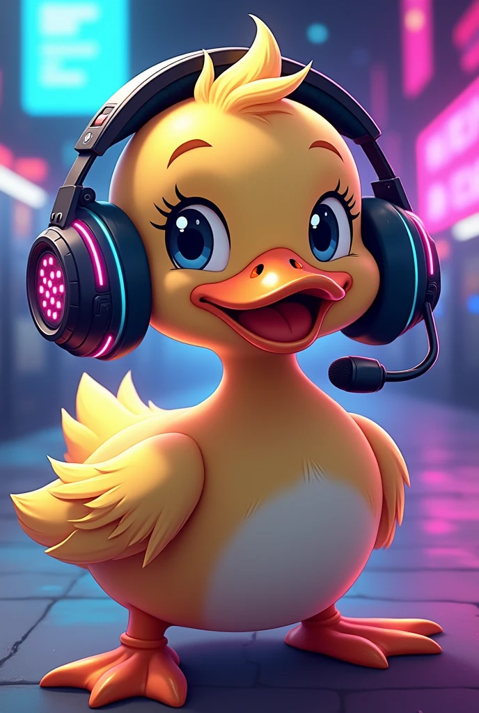 A duck, with anime style gamer headband headphones