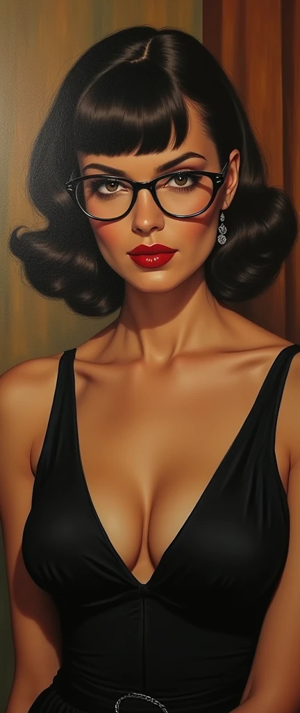 1940s female portrait, luxurious formal dress, hip hop style, bangs hairstyle, glasses, elegant posture, mature sophisticated femme fatale, oil painting, intricate details, highly detailed face, cinematic lighting, warm color palette, photorealistic, 8k, masterpiece