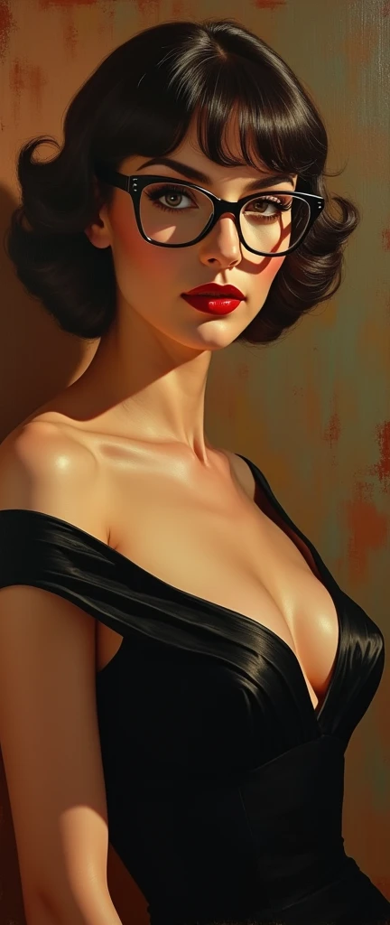 1940s female portrait, luxurious formal dress, hip hop style, bangs hairstyle, glasses, elegant posture, mature sophisticated femme fatale, oil painting, intricate details, highly detailed face, cinematic lighting, warm color palette, photorealistic, 8k, masterpiece