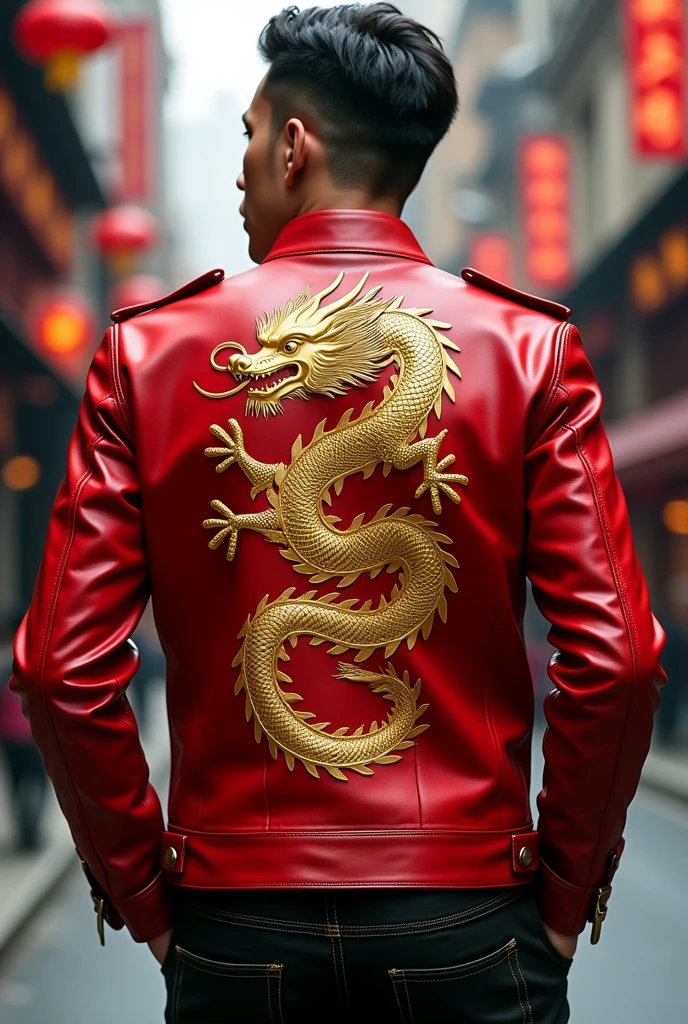 A red leather jacket and it has a picture of Chinese golden dragon 