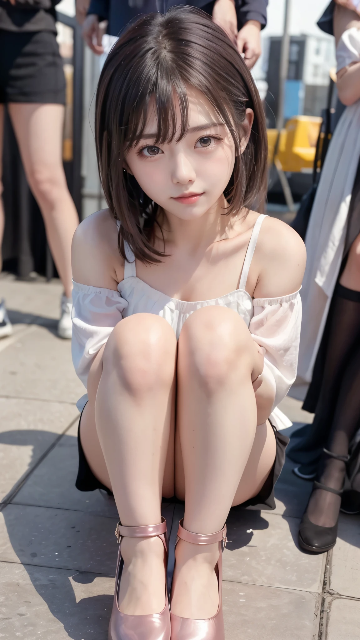 carrot、supermodel、Perfectly built、Muchi Muchi、Three girls are looking at the audience、 3 girls、、High Leg Raise、Beautiful Feet、Hot Pants、coat、cyberpunk、earphone、Gentle smile、Look at the girl from below、Innocent face、(Highest quality、Highest quality、masterpiece:1.2、Ultra high definition、Reality:1.37), (Detailed eyes and face:1.2, Professional photography techniques)