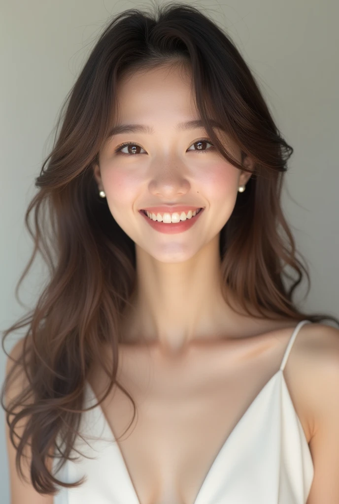 Good afternoon, can you recreate an image of a 20-year-old girl, pale complexion, with freckles on the bridge of her nose and the top part of her cheeks, honey-colored eyes, Asian, small and refined nose, soft, not so thin lips not so thick, slim complexion, wearing a white dress, breasts not so big nor so small, small waist, height of 160cm, long and wavy brown hair, and a smile on her face and a happy expression