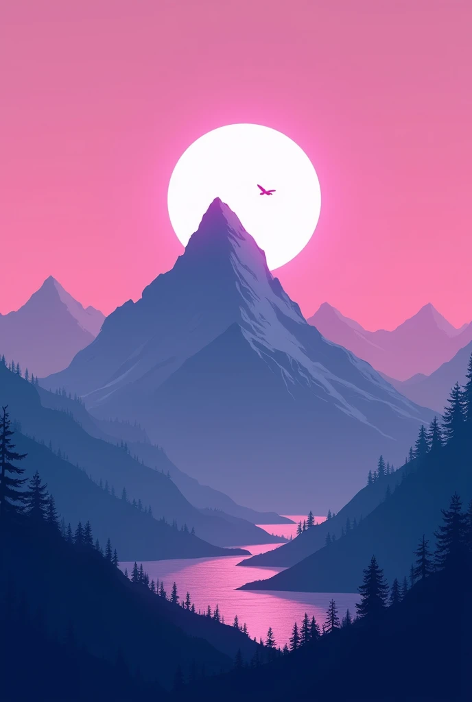 Low saturation，Depicting a mountain and a bright moon，Pink hue，Rectangular frame composition！！，No pattern in the middle，Background Image，Mountains surrounding the frame，Pink blue hues！！Succinct