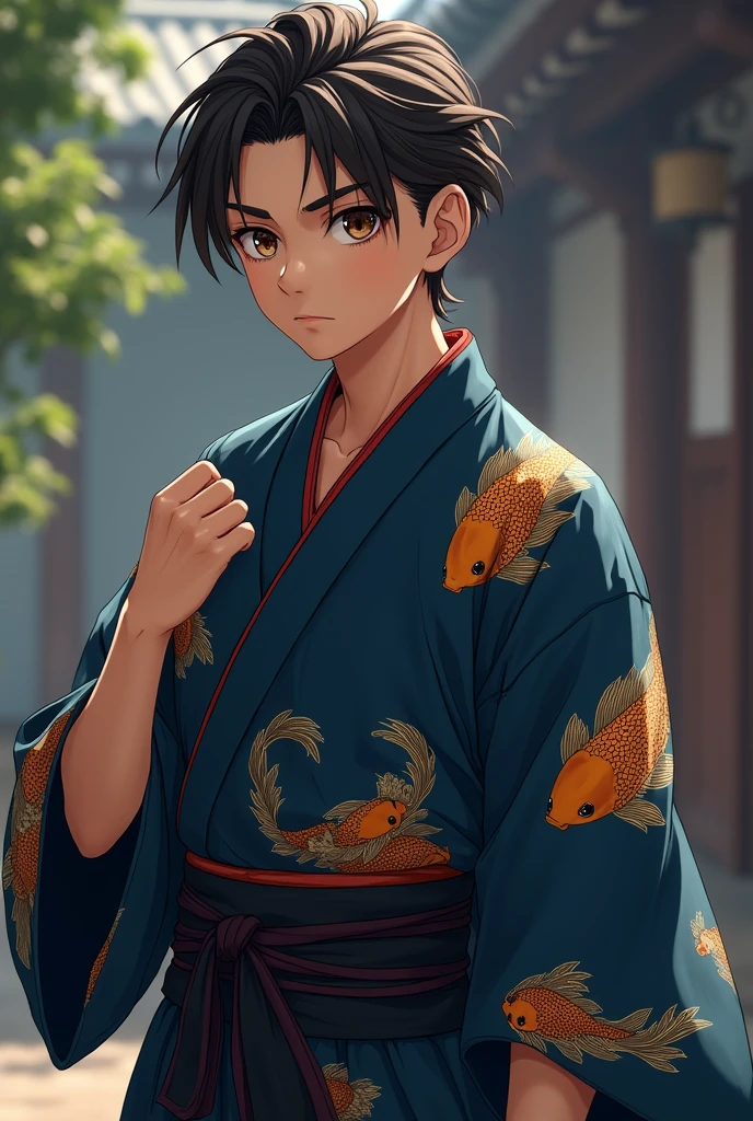 Male character Teenager with brown skin and slicked back hair, dark brown eyes, wearing a dark blue kimono with a gold fish print, demon slayer anime style