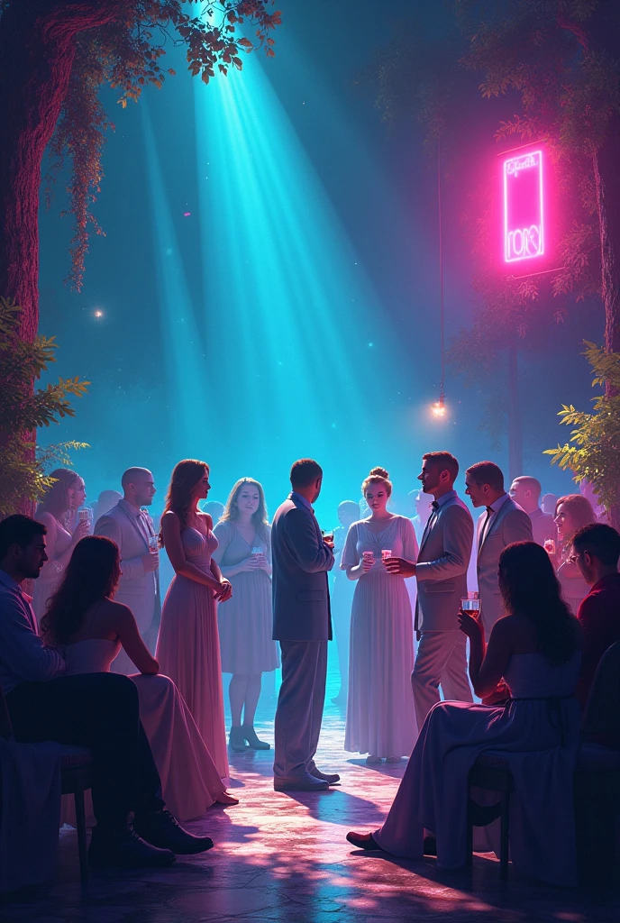 In a calm and serene corner of the party, the Noble Gases—Helium, Neon, Argon, Krypton, Xenon, and Radon—are depicted as peaceful and self-contained characters. Neon is shining brightly, casting colorful, vibrant lights around the scene.