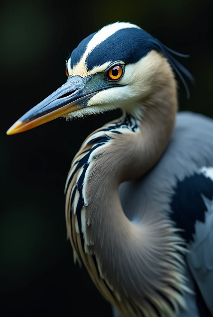 An heron bird facing towards the camera ,eyes focused on prey outside the frame ,close up view of the head ,eyes not directly gazing at the camera 