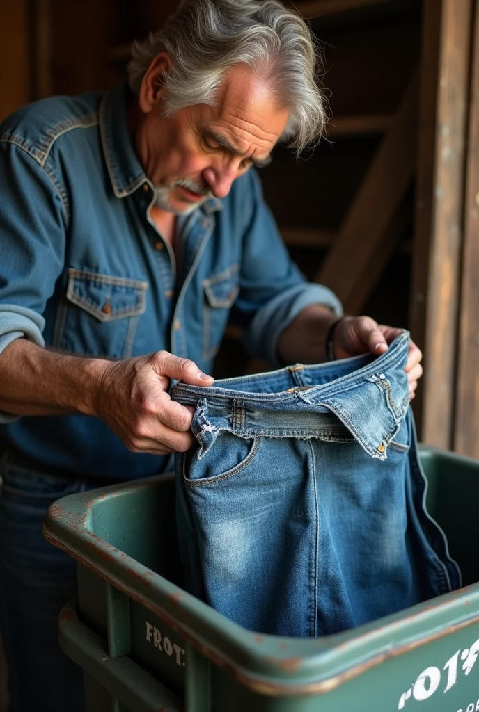 A man keeping his old jeans in recycle machine box