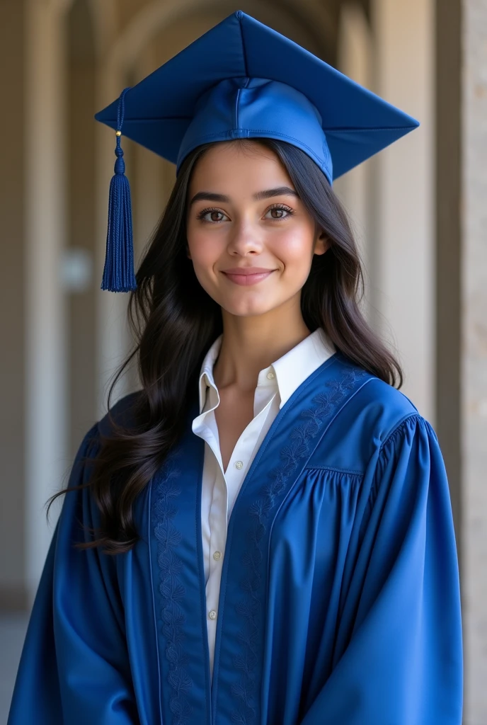 Plestia alaqad have 20 years old Wearing blue graduation clothes 