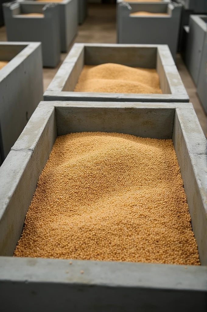 Steeped barley is put in long, rectangular, concrete open-top boxes equipped with perforated floor plates