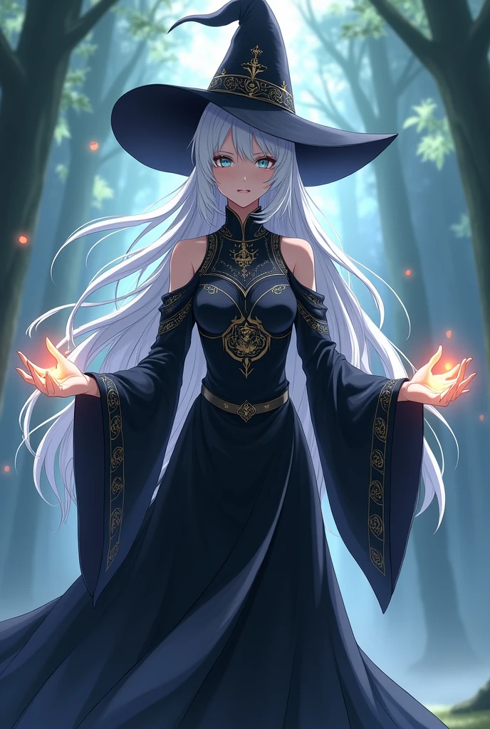 white haired magician, black gown, black hat and has the power to heal, anime version, healing others