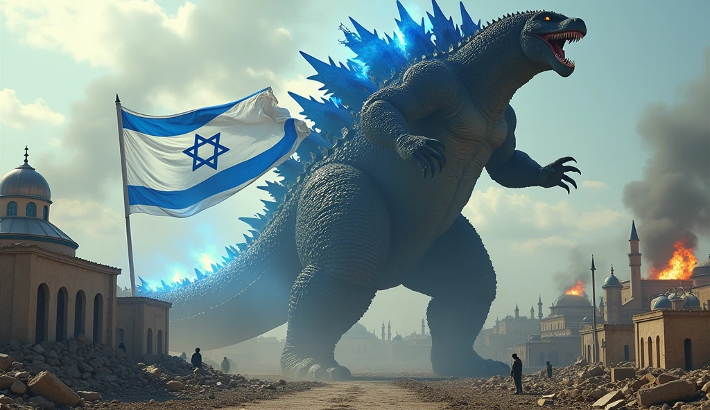 Create a realistic photo of a giant Godzilla, carrying an Israeli flag, destroying Palestinian cities, attacking mosques, attacks humans, with bursts of blue fire