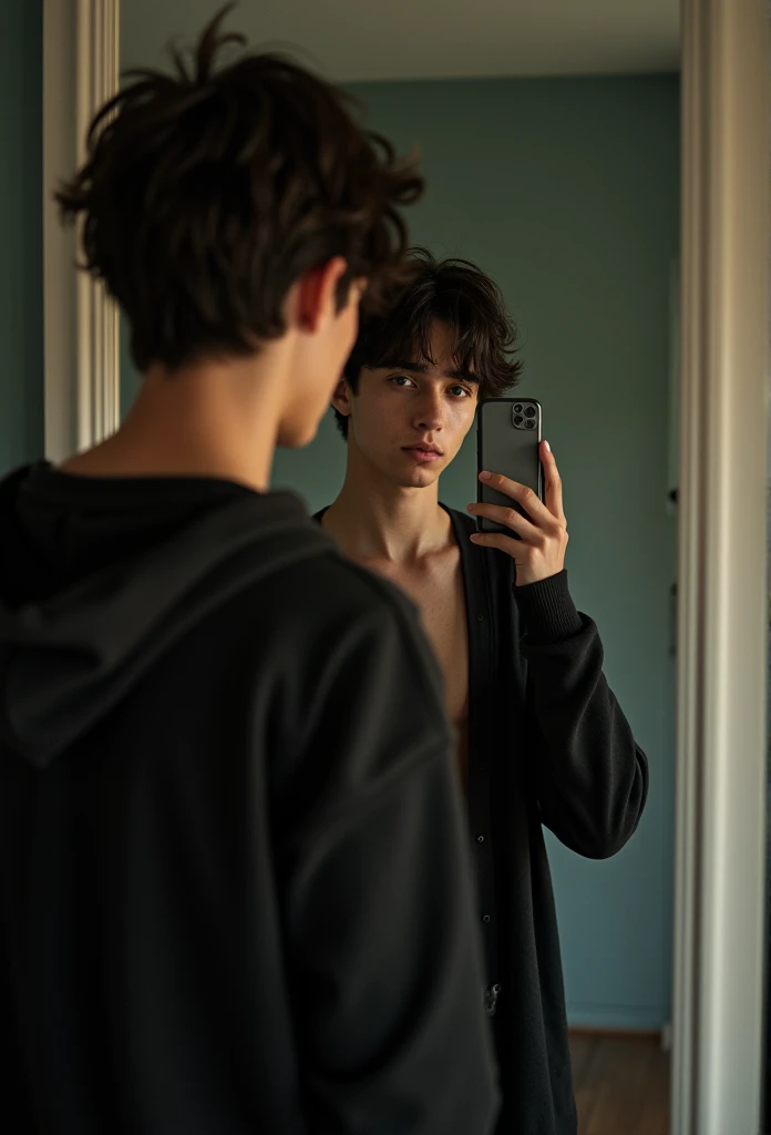 beautiful skinny teen boy, photo in front of the mirror holding his cell phone, wearing dark clothes, tanned, boy