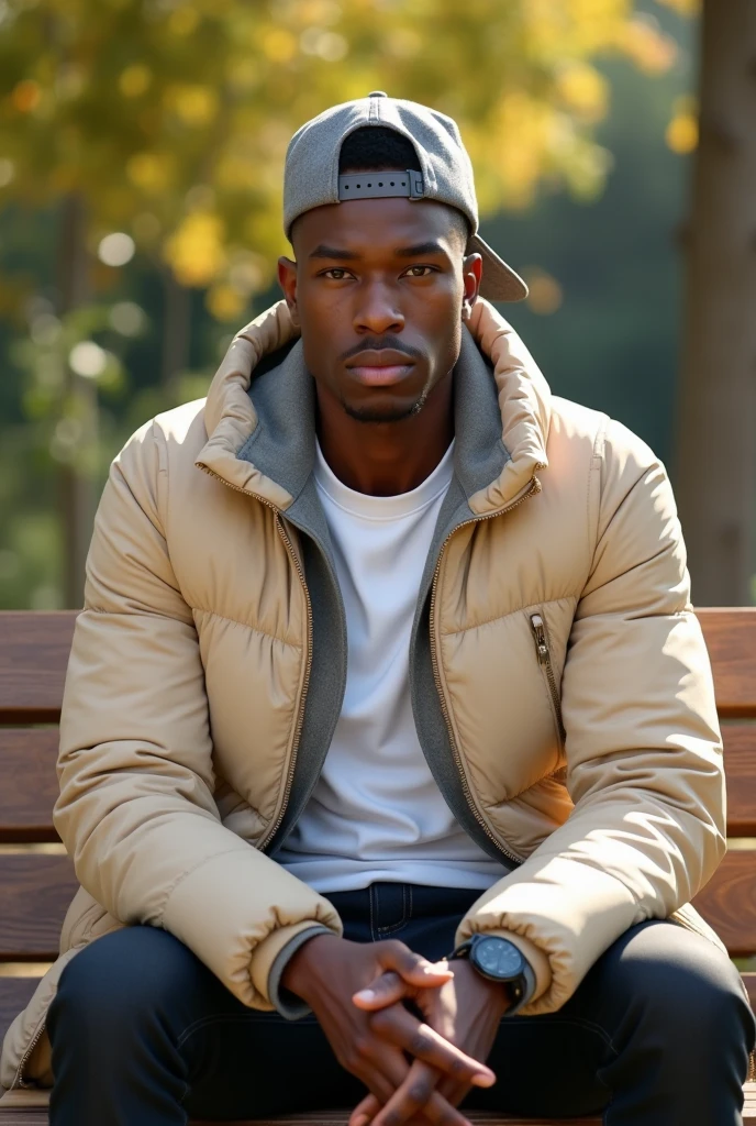 best qualityer:1.4), (ultra high resolution:1.2), (photorrealistic:1.4), (8k, CRU photo:1.2), 1 young black man, 20 years old. he is wearing a white shirt, beige puffer coat on top. He is wearing black jeans. Corte de cabelo buzzcut. He's wearing a gray cap backwards. He is sitting on a wooden bench in the sun. Corte de cabelo buzzcut. thin build.