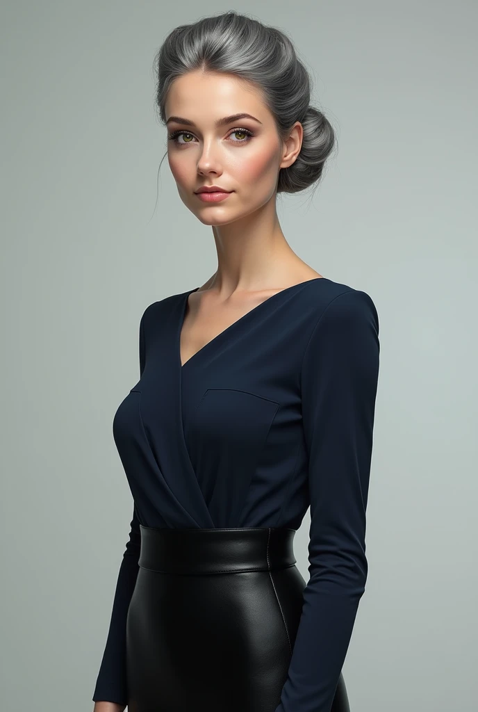 high-end french styled hair bun colored grey,her eyes are close-set with hazel iris, nose was snub,also wearing an asymmetric dark blue top and a short black pencil skirt,female, British, around 4,full body 
