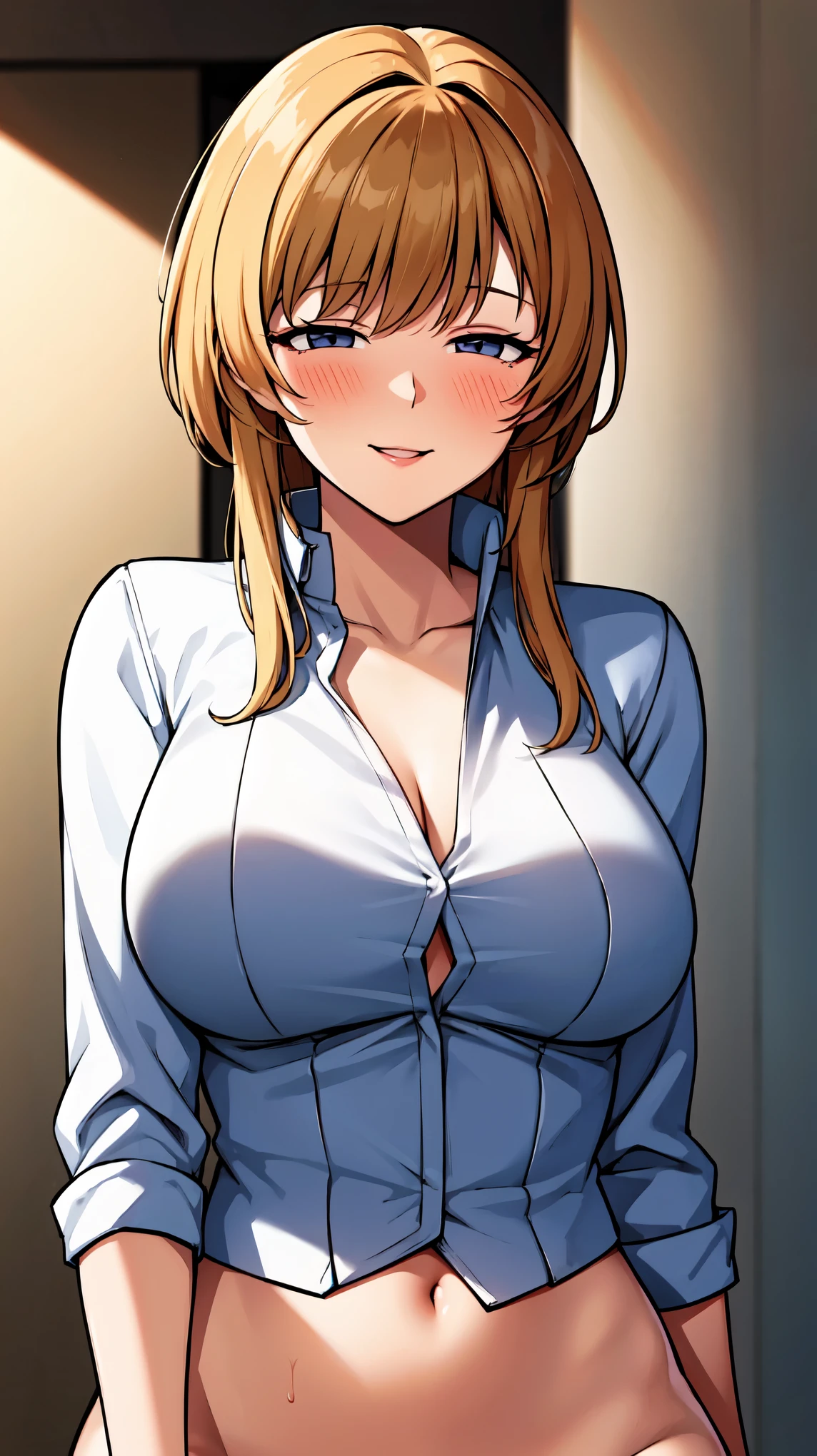 （（super high quality,Ultra-high resolution,16K,super masterpiece,Ultra HD ,Detailed shading,））One sexy woman,Sexy naked shirt,popped Tight collar White shirts,Looking at the camera,smile,blush,