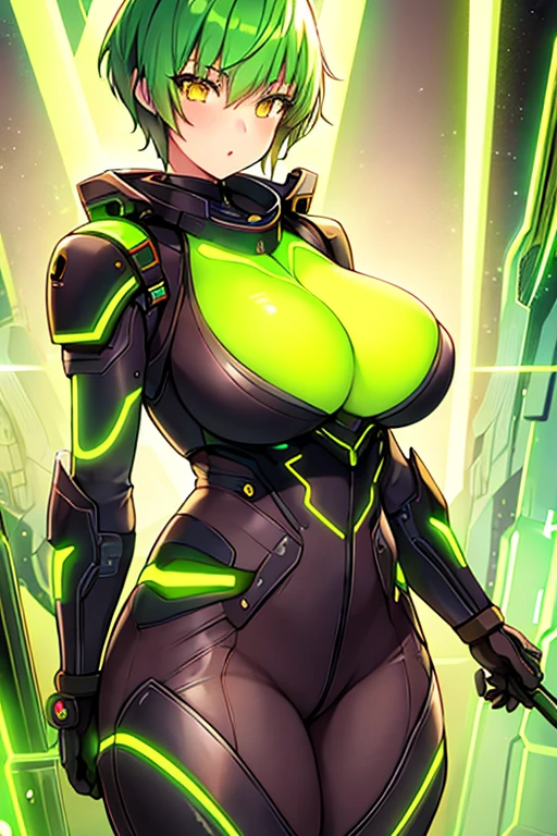 1girl, green hair, very short hair, pixie cut, yellow eyes, serious, glowing eyes, large breasts, breasts, thick thighs, toned, toned female, bodysuit, pilot suit, futurustic, science-fiction, neon, neon trim, neon light, black bodysuit, space, 