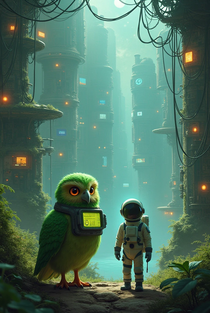 Create an image of a technological world, with interwiring, and multiple web servers, In it there is a green owl with a translation device, astronaut
