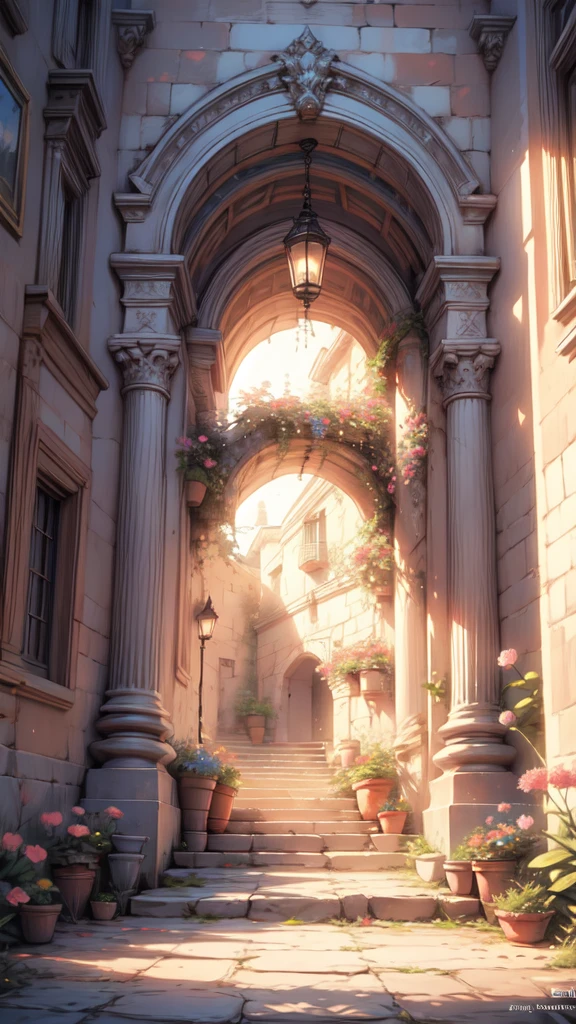 painting of a beautiful house front decorate with many roses,pink and half glass door, stone pathway,small stairs to the door, hanging door lamps, sunkissed image,flowers, beautiful art uhd 4 k, a beautiful artwork illustration, beautiful digital painting, highly detailed digital painting, beautiful digital artwork, a bustling magical town, mediterranean fisher village, mediterranean city, detailed painting 4 k, ancient mediterranean village, very detailed digital painting, rich picturesque colors, gorgeous digital painting