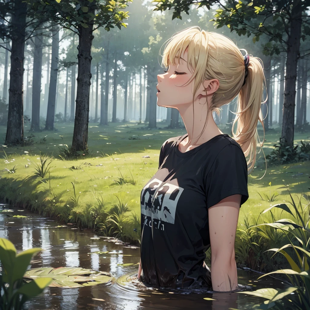 Solo, 1girl, drowned in mud, bog, grass, trees, muck, orgasm, looking up, eyes closed, mouth open, stormy weather, Solo, From Side, blonde hair in ponytail, wearing t-shirt,