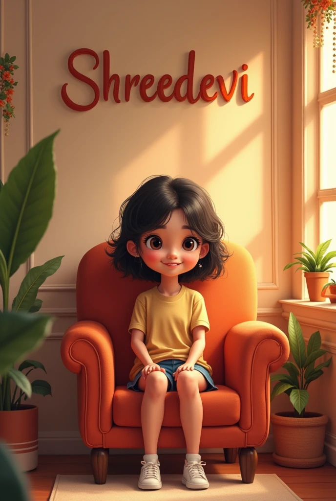 A cute girl sitting in a big chair and behind the wall written "shreeDevi"