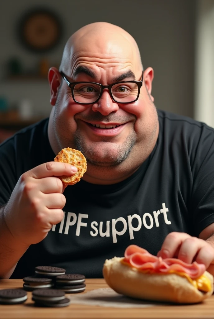 white male, baldie, fatter, cheeky, wrinkled face, Large belly, with glasses, eating baguette bread with ham with several Oreo cookies on a table, wearing a black shirt with the exact word written on it "MPF SUPPORT" .