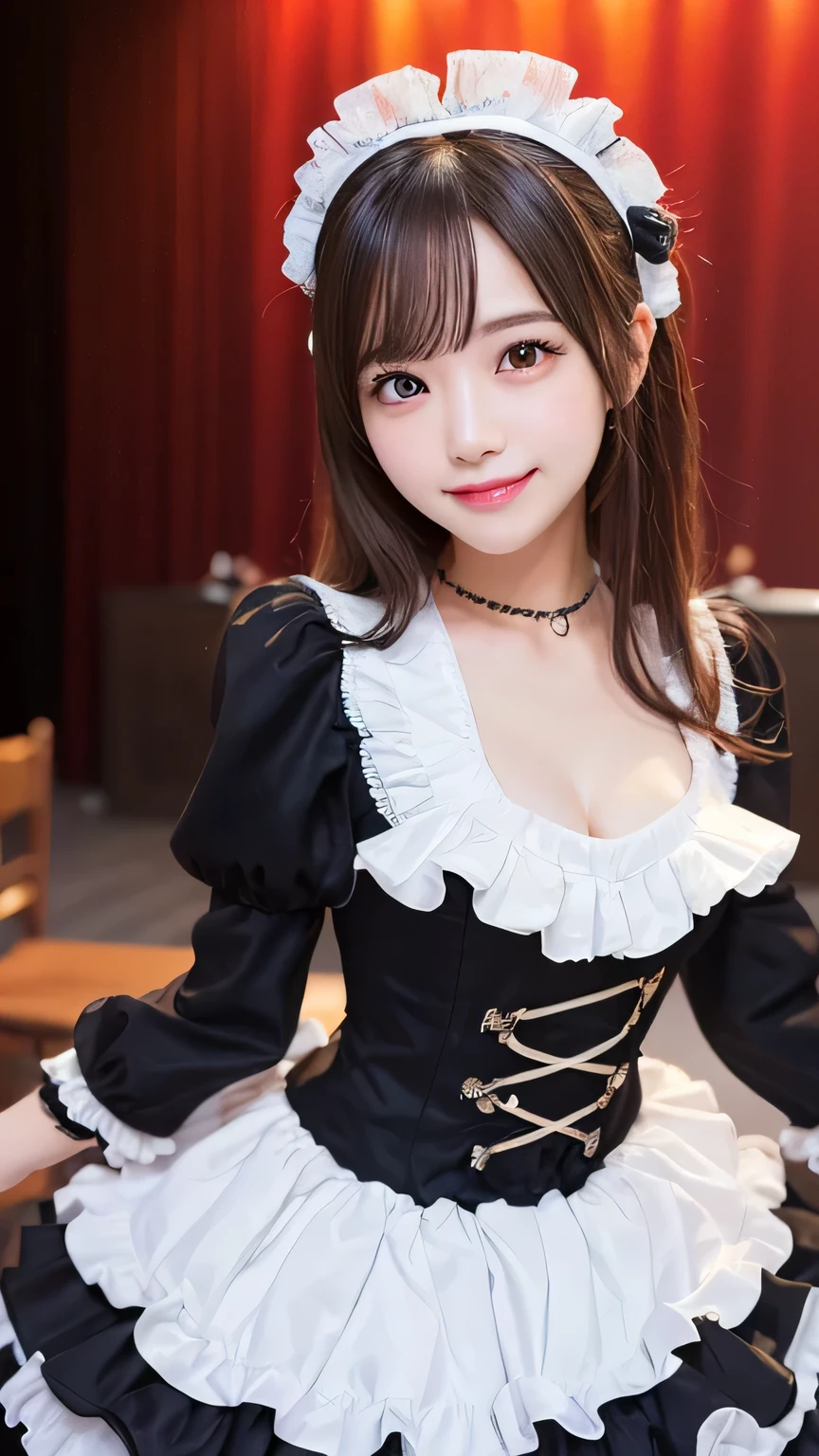 (8k, RAW photo, best quality, masterpiece:1.2), High detail RAW color photo, professional photograph, cowboyshot, (realistic, photo realistic:1.37), ((best quality)), 1 girl, cinematic light, (finerly detailed face:1.2), (masterpiece:1.5), (best quality:1.2), (smiling:1.2), (looking at viewer:1.2), bowtie, (detailed maid:1.2)
