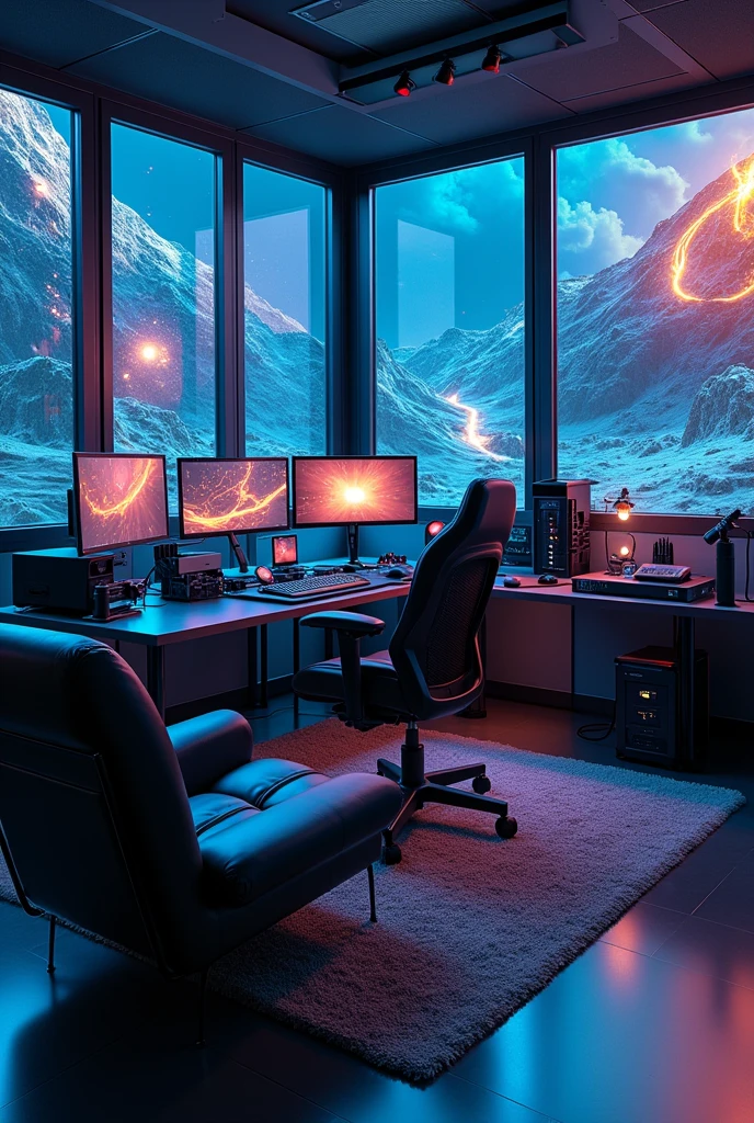 Create a gaming setup without anyone Create the Room Plan:
Draw the 10x10 meter room plan in the chosen software, setting the dimensions and basic layout.
Add Furniture and Equipment:
Insert the tables, chairs and equipment for each area (content creation, software develpment, VR, gaming, Streaming, and Research).
Adjust the Configuration:
Arrange the items according to the layout described, adjusting the position to maximize space and functionality.
Visualize em 3D:
Use the 3D visualization offered by the software to get a realistic view of how the room will look.
Top Left Corner: Add a large table for the content creation station.
top right: Add a large desk for software and AI development.
centerpiece of the hall: Leave a space open for the virtual reality simulator.
Lower Left Corner: Set up your gaming desk with a large monitor and comfortable chair.
Bottom right corner: Set up your streaming desk with capture and lighting equipment.
Bottom Center Corner: Add a table for the research lab and scientific simulations