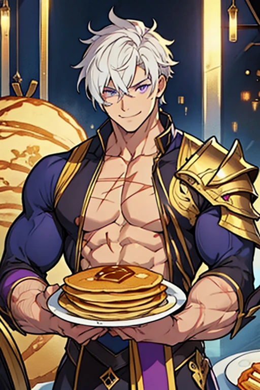 man, short white hair, purple eyes, muscular, golden armor with bare chest, with scars on the face, with scars on the torso, with big pecs, with a plate of pancakes, with a smile