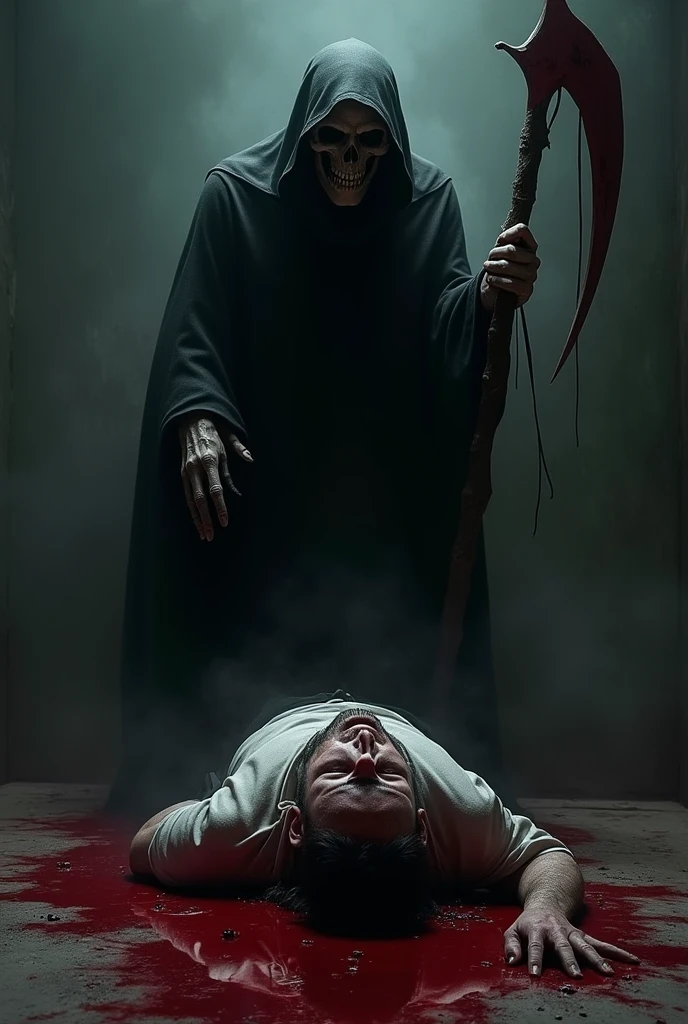 A Man Has Been Shot in the Head with a Gun and is Covered in Blood. The Dead Grim Reaper Takes His Soul. The Type of the Grim Reaper is Scary