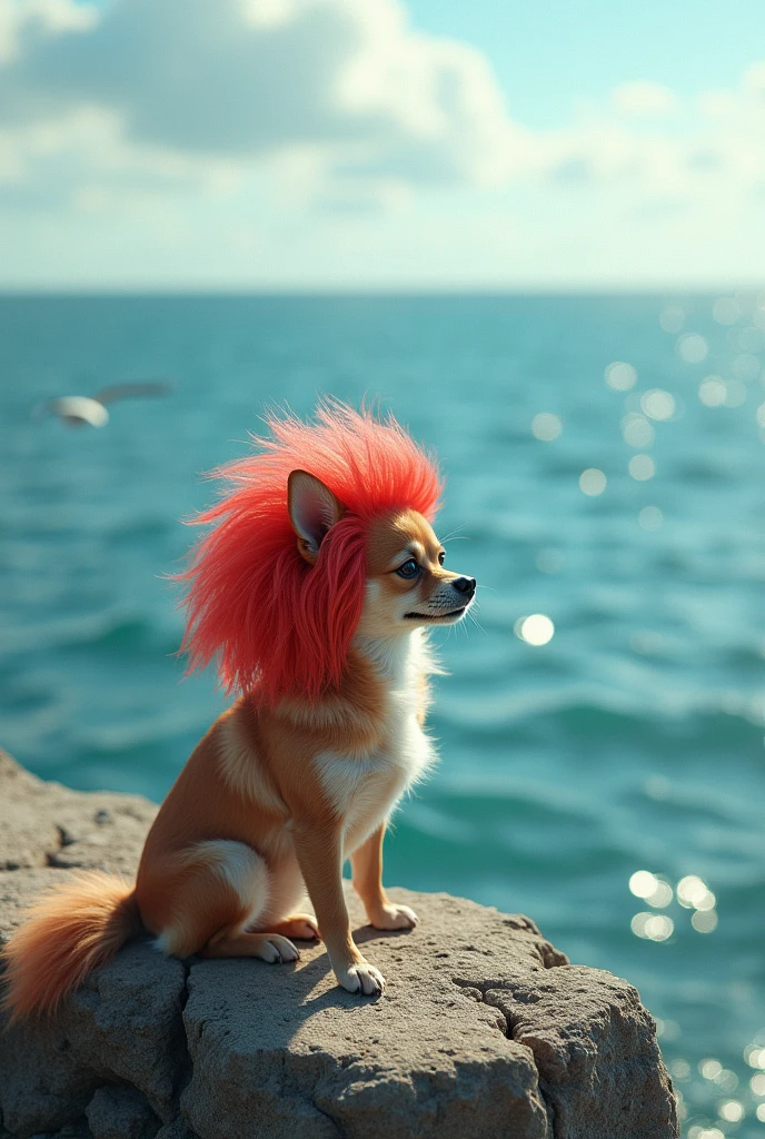 A chihuahua dog with a wig looking out to sea