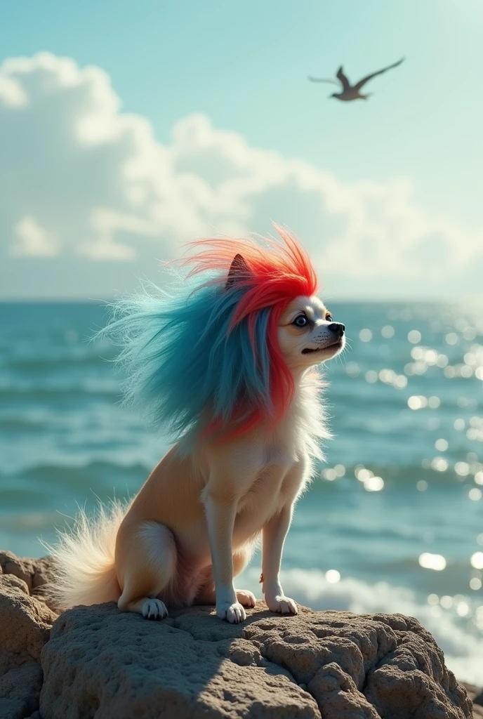 A chihuahua dog with a wig looking out to sea