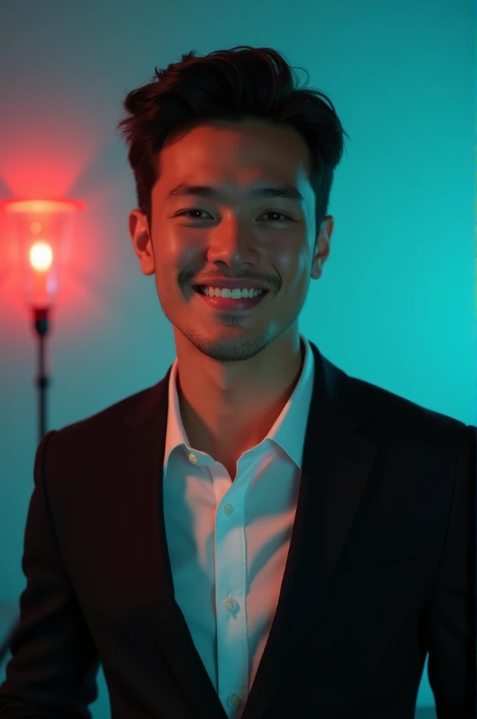A young man with dark hair and a confident smile. He is dressed in a black blazer over a white shirt. The man is positioned against aqua colour backdrop with a subtle red lighting on the left side. and he posing for Linkedin profile