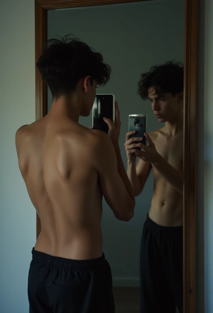 beautiful skinny boy, photo in front of the mirror holding his cell phone, wearing dark clothes, tanned, boy