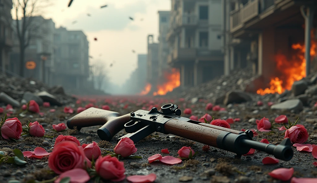 2024; (masterpiece, best quality) destroyed city roses on the floor(Sidney); flowers on the ground; M1 Garand rifle Down(close-up); bombs falling from the sky.; fire around.