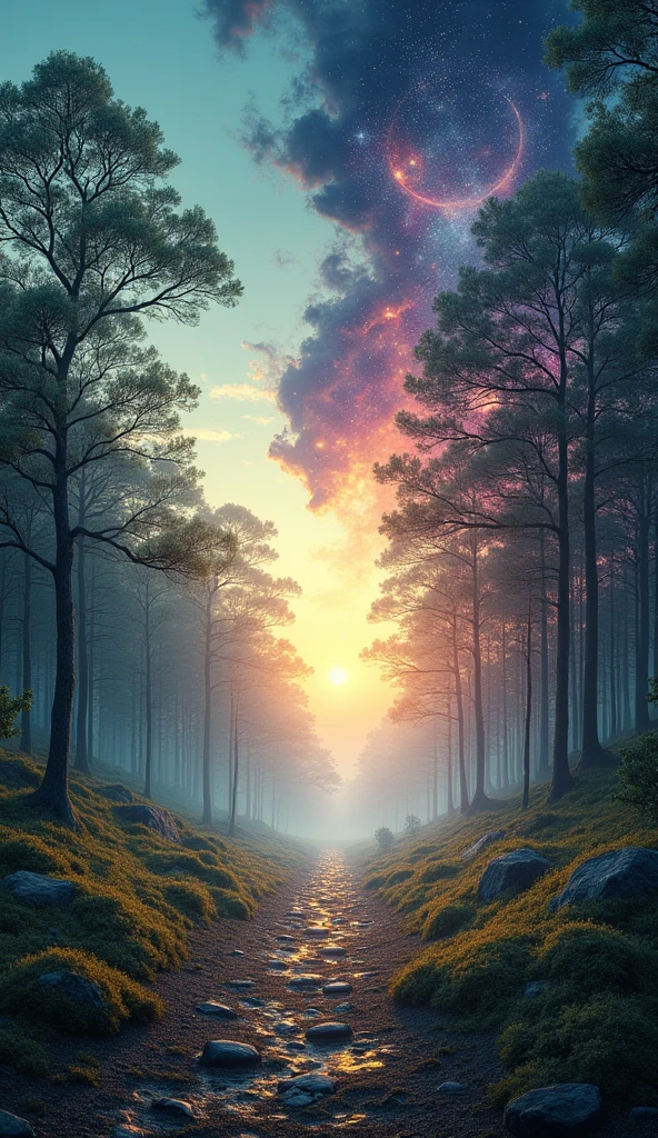 Create an image that distinctly separates reality and dreams within one frame. On the left side, depict a realistic forest scene at twilight. Include detailed trees, a softly lit path, and a calm sky with a setting sun. Use natural colors like greens, browns, and golds.On the right side, transition to a dreamlike realm with surreal elements. Show fantastical trees with glowing, translucent leaves, a ground that shimmers with vibrant colors and patterns, and a sky filled with swirling nebulae and stars. Use otherworldly hues like purples, blues, and silvers.Ensure a clear boundary between the two sides, possibly using a soft gradient or a subtle mist that fades from one side to the other. The contrast should highlight the difference between the two worlds while still connecting them visually.